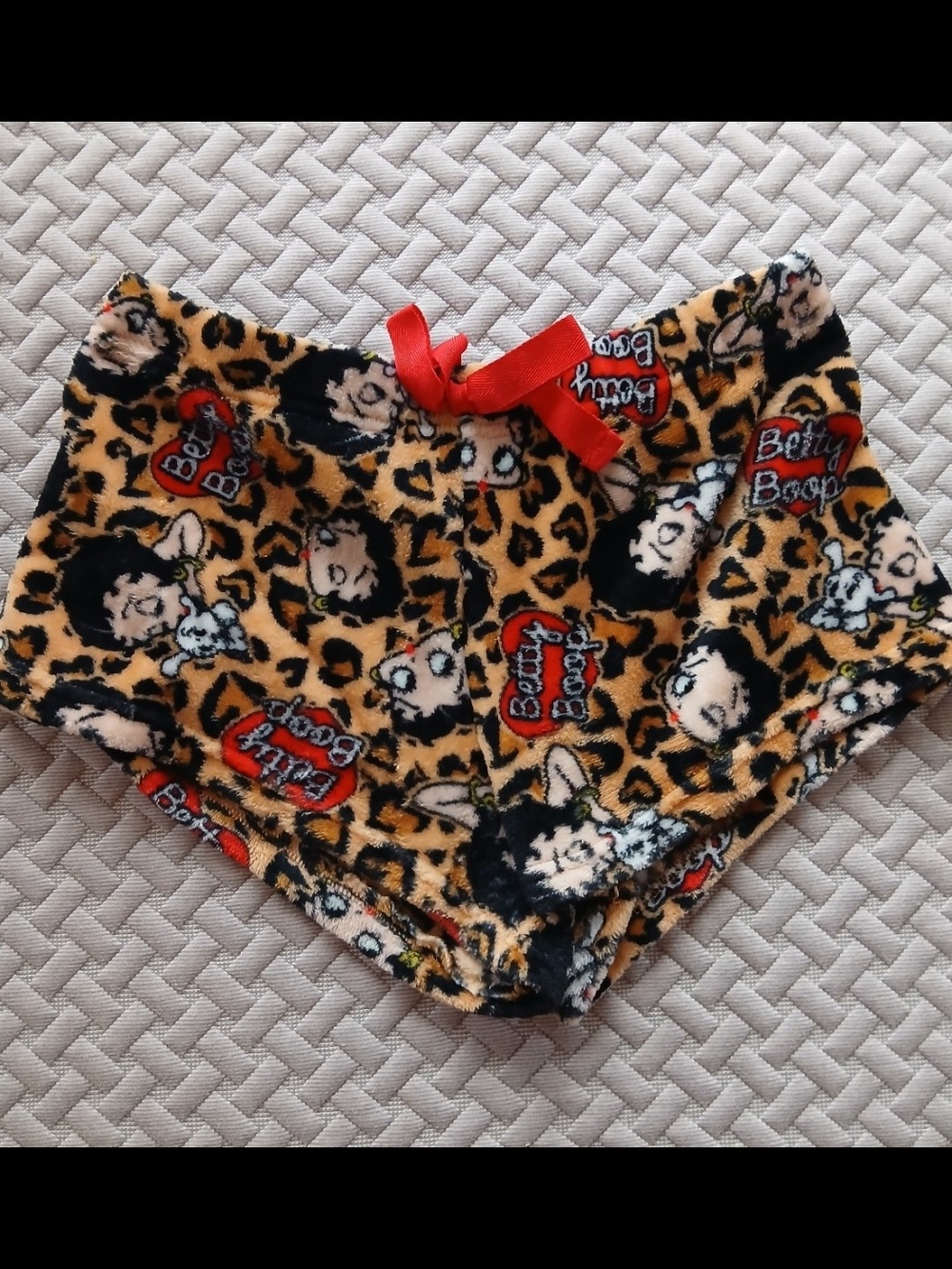 Betty Boop Leopard Plush Shorts with Red Bow Accent
